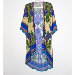 Flying Tomato Long Duster Kimono Cover Up 3/4 Sleeve Artsy Avant Garde Boho M